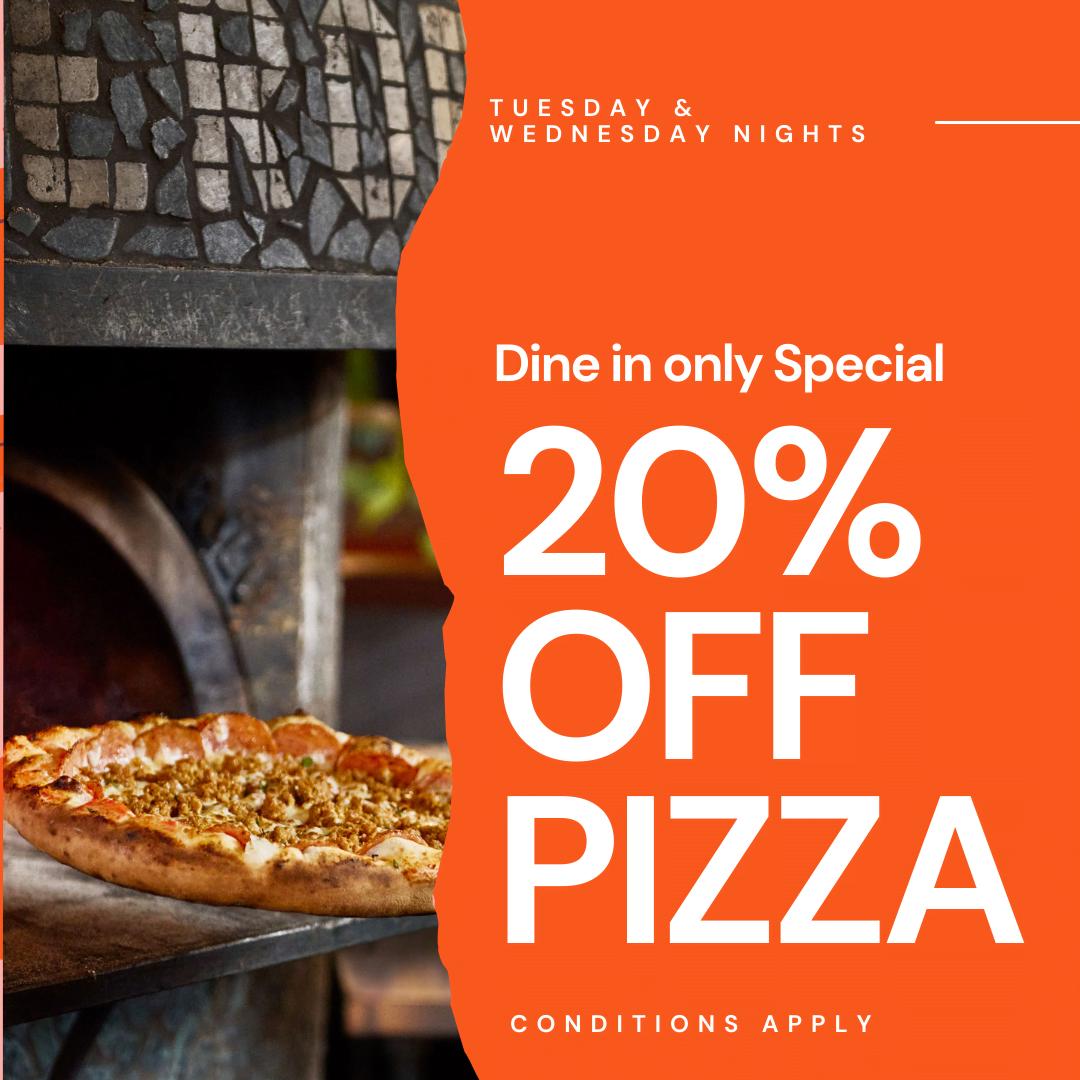 a pizza in a wood oven<br />
20% off for dine in